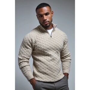 Tailored Athlete Soft Cable Half Zip Neck Jumper Oatmeal Beige Athletic Fit NEW